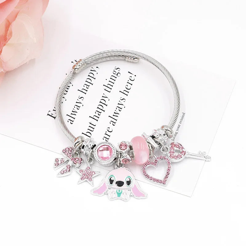 luckacco disney cartoon cute crystal stitch heart bowknot charms bracelets for women girls stainless steel bangle jewelry gifts for fans