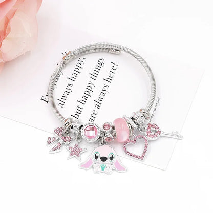 Luckacco Disney Cartoon Cute Crystal Stitch Heart Bowknot Charms Bracelets for Women Girls Stainless Steel Bangle Jewelry Gifts for Fans