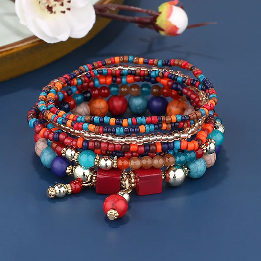 Luckacco Bohemian Red Charm Beads Multilayer Bracelets & Bangles for Women Handmade Turquoises Beads Bracelet Femme Boho Jewelry