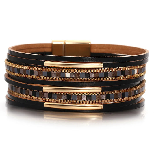 Luckacco ALLYES Trendy Colorful Square Leather Bracelet for Women Men Boho Metal Tube Multilayer Wrap Wide Bracelets Charm Party Jewelry