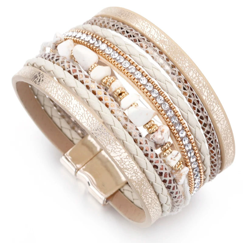 luckacco allyes natural stone leather bracelet for women charm retro multilayer crystal snake skin wide bracelets & bangles jewelry gifts