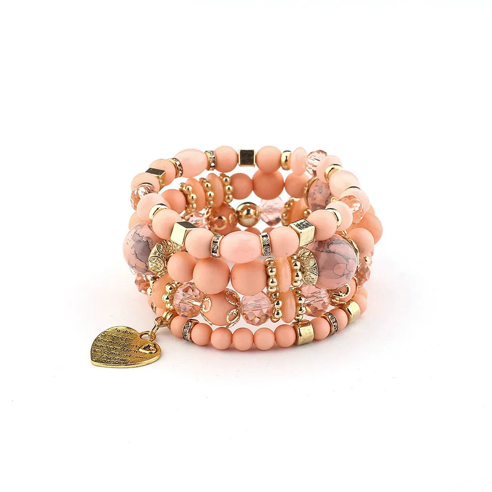luckacco 4pcs/set boho ethnic heart beaded bracelet set for women handmade crystal beads chain bangle female bohemia jewelry gift