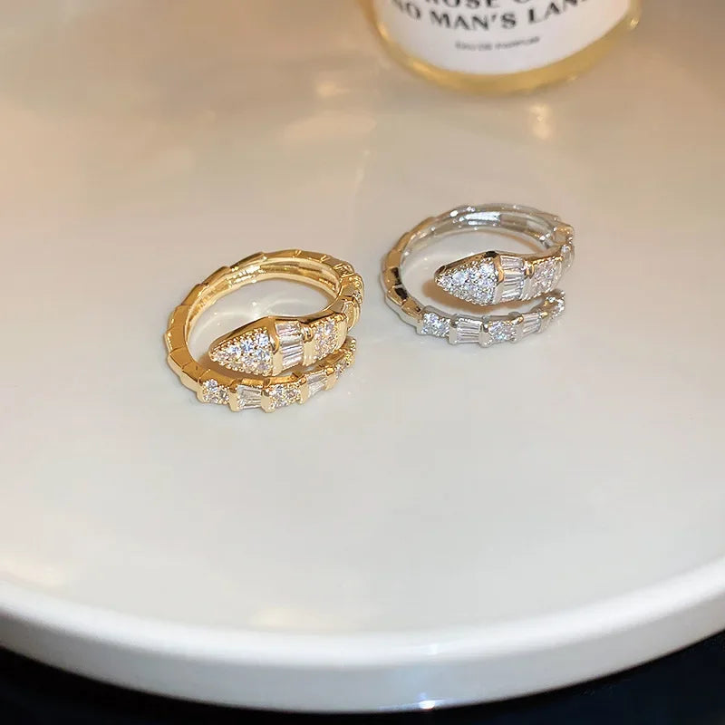 luckacco versatile fashion trendy snake shaped open rings for women high-end zircon stainless steel adjustable rings jewelry accessories