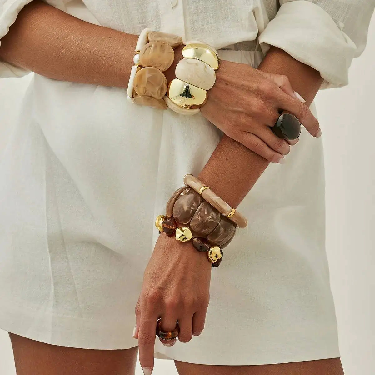 luckacco 6 style boho punk geometric acrylic resin elasticity bangles for women vintage ccb beads bangle bracelets charm jewelry