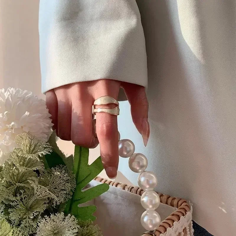 luckacco retro gold color double oil drip open rings for women luxury irregular adjustable finger ring 2025 new trendy wedding jewelry