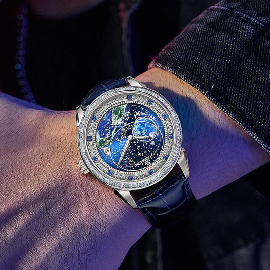 Luckacco HANBORO Lunar Exploration Series Men's Fully Automatic Mechanical Watch Fashion Starry Night Light Waterproof Watch