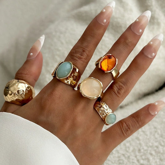 Luckacco Vintage Chic Geometric Stone Inlaid Ring Set for Women Simple Chunky Gold Color Geometric Rings Daily Wear Party Jewelry Gifts