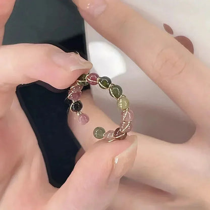 Luckacco Fashion Retro Handmade Metal Wire Winding Beaded Natural Stone Rainbow Tourmaline Ring Open Adjustable Ring Female Charm Jewelry