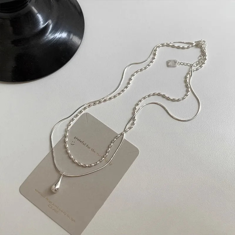 luckacco 925 sterling silver simple design drop pendant necklace for women double collar chain fashion fine jewelry gifts