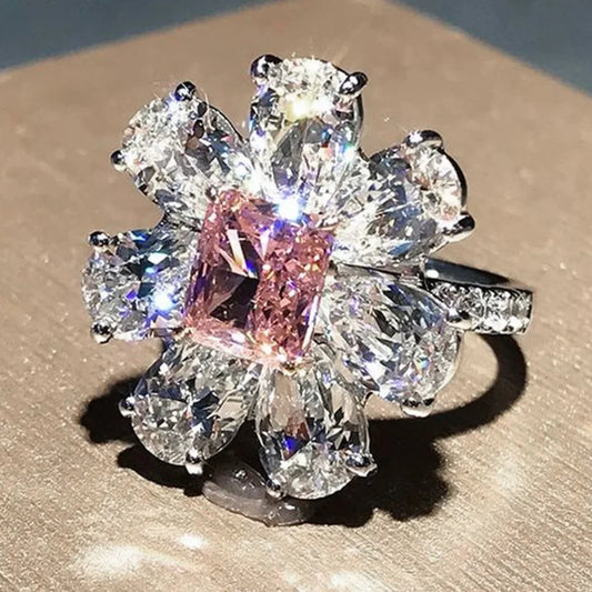 Luckacco Style Pink Sparkling Zircon Princess Square Engagement Ring for Ladies and Girlfriends Luxury Proposal  Gift Fashion Jewelry