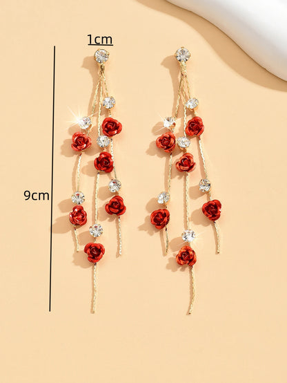 Luckacco 2pcs retro style long style diamond inlaid rose earrings for women's daily dating accessories