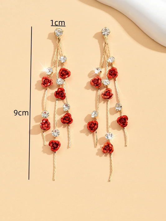 Luckacco 2pcs retro style long style diamond inlaid rose earrings for women's daily dating accessories