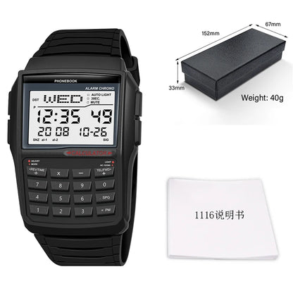 Luckacco Top Luxury Men's Calculator Watch Multifunctional Led Watch Stainless Steel Watch Strap Men's Sports Watch Computer Style