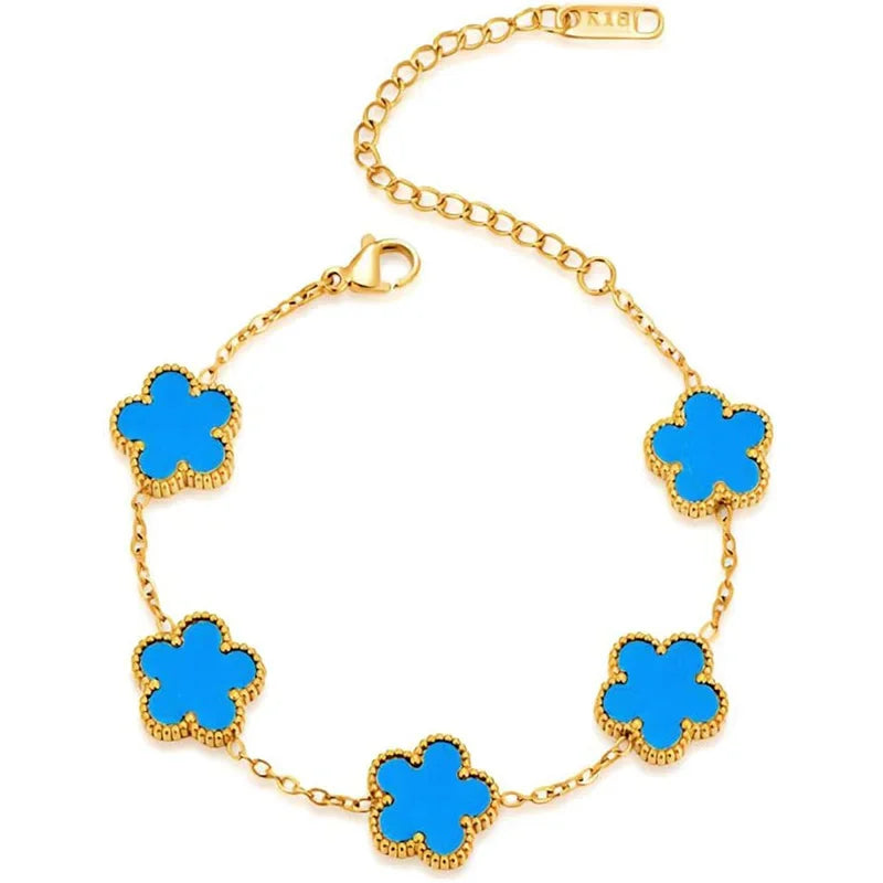 luckacco 14k gold plated five-leaf clover link bracelets white black blue gold red green lucky bracelets jewelry gifts trendy for women