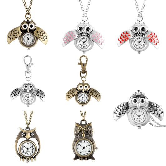 Luckacco Tiny Cute Owl Shaped Pendant Necklace Pocket Watch for Kid Men Women Retro Quartz Pocket Clock Gifts Arabic Numerals Dial