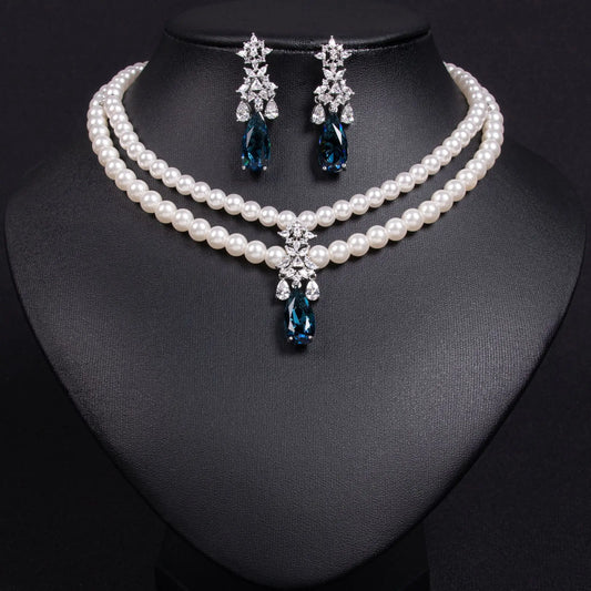 Luckacco Women's Light Luxury Design Imitation Pearl Water Droplet Necklace Earring Set Fashionable And Versatile Niche Design Sense Set