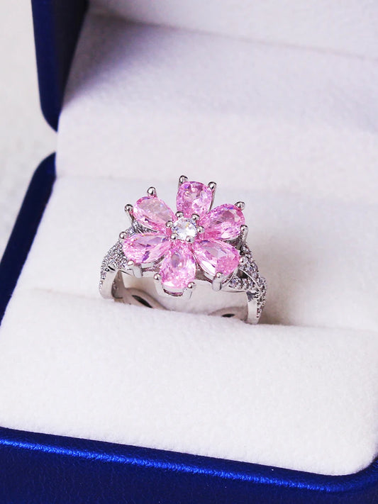 Luckacco 2023 Exquisite Zircon Women's Ring Pink Flowers Lady Engagement Ring Party Jewelry Peach Blossom Ring Fashion Jewelry For Women