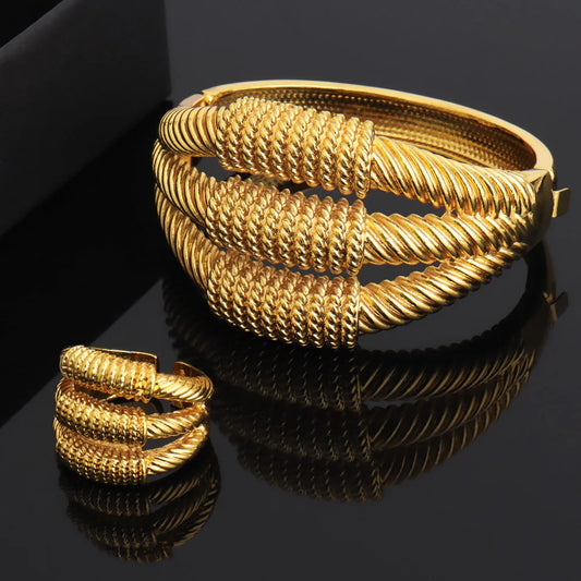 Luckacco Vintage Gold Color Middle East Women Jewelry Set Ethiopia Multi Layer And Multi Bead Design Bangle And Ring Wedding Easter Gift