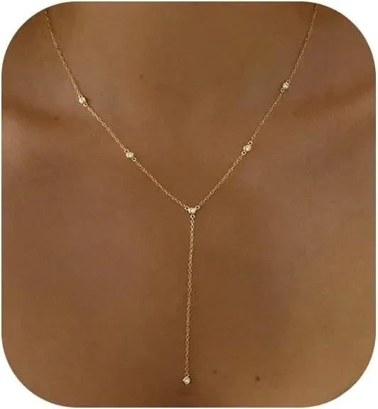 Luckacco Gold Plated CZ Lariat Necklace for Women Boho Fashion Jewelry Women, Silver Plated Necklace for Women, Dainty Gold Necklaces