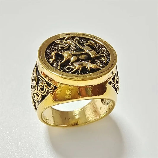 Luckacco Vintage St George and The Dragon Rings for Men Stainless Steel Jewelry Soldier's Protector Courage Luck Ring on The Battlefield