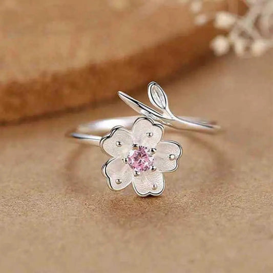 Luckacco Light Luxury Open Finger Ring Temperament Adjustable Cherry Blossom Cuff Ring Pink Rhinestone Elegant Daily Jewelry Female