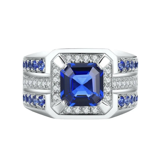 Luckacco Hot Selling Silver Plated Alloy Mosaic blue square zircon Rings For Men Jewelry Birthday Party Ring  Size 7-13