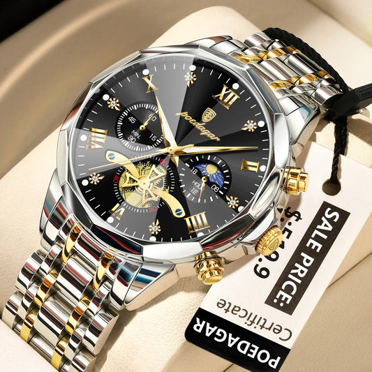 Luckacco POEDAGAR Luxury Men Watch Top Original Waterproof Luminous Chronograph Man Wristwatch Stainless Steel Quartz Men's Watches Reloj